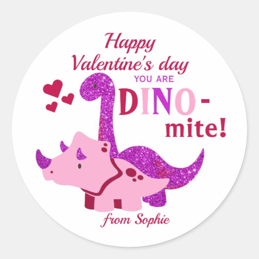 Kinder Valentinstag Girly Dinosaur Dino-mite Runder Aufkleber (Vorderseite)