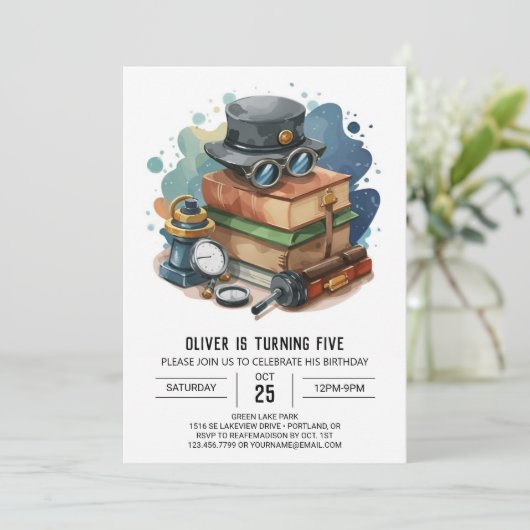 Kinder verzaubert Geburtstag von Detektiv Einladung (Stehend Vorderseite)