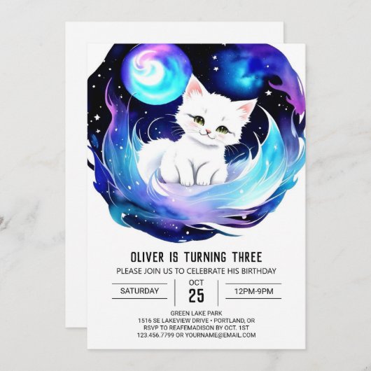 Kinder verzaubert Kitten zum Geburtstag Einladung (Vorne/Hinten)