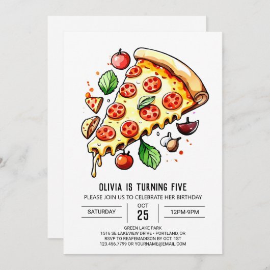 Kinder verzaubert Pizza zum Geburtstag Einladung (Vorne/Hinten)