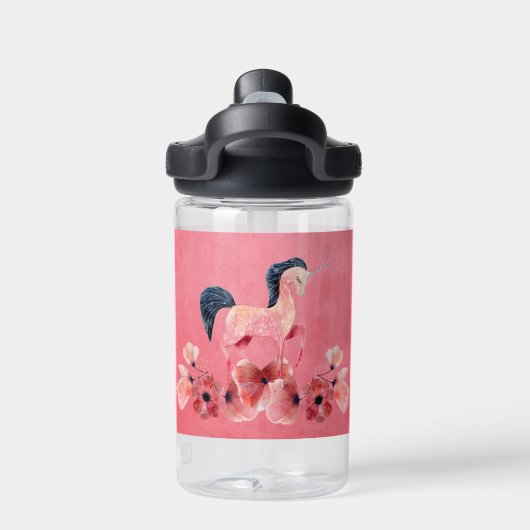 Kinder Wasser Flasche Rosa mit Einhorn & Blume (Rückseite)