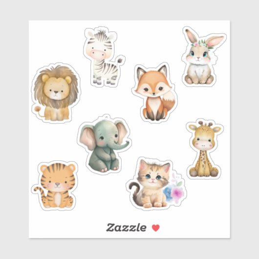 Kinder Wasserfarbene Tiere Aufkleber (Blatt)