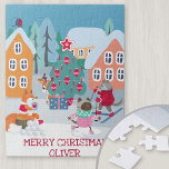 Kinder Weihnachtszeit mit Waldtieren Puzzle<br><div class="desc">Personalisiertes Puzzle für Kinder mit niedlicher Waldtierweihnachtszene. Die Vorlage ist für Sie bereit, den Namen Ihres Kindes in den Schnee und Sie können die Formulierung "Frohe Weihnachten" ändern, wenn Sie möchten. Die Weihnachtsschneeszene hat Waldtiere, die den Schnee auf ihrem Dorfplatz genießen. Der kleine Rentier versteckt sich hinter dem Weihnachtsbaum und...</div>
