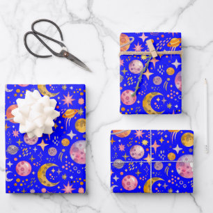 Kinder Weltraum Planet Blau Hintergrund Geschenk Geschenkpapier Set