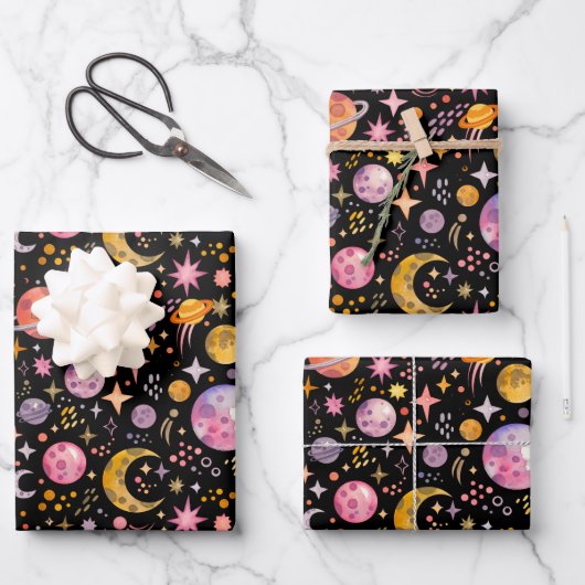 Kinder Weltraum Planet schwarze Farbe Geschenk Geschenkpapier Set (Vorderseite)