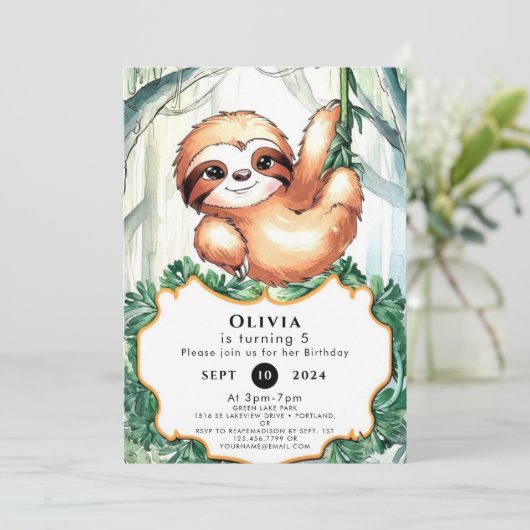 Kinder Whimsical Sloth Geburtstag Einladung (Stehend Vorderseite)