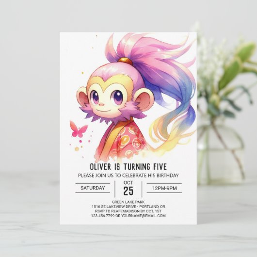 Kinder Whimsischer Affe Geburtstag Einladung (Stehend Vorderseite)