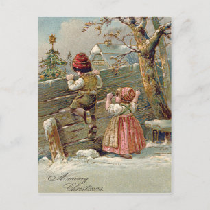 Kinder Zaun Weihnachtsbaum Winter Cottage Feiertagspostkarte