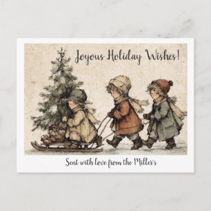 Kinder ziehen einen Baum Vintage-Bild Postkarte
