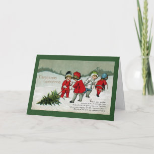 Kinder ziehen Weihnachtsbaum Vintage Feiertagskarte