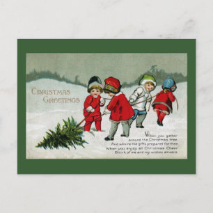 Kinder ziehen Weihnachtsbaum Vintage Feiertagspostkarte