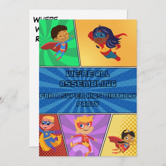 Kinder zum Geburtstag Einladung Superhelden Versam (Vorne/Hinten)
