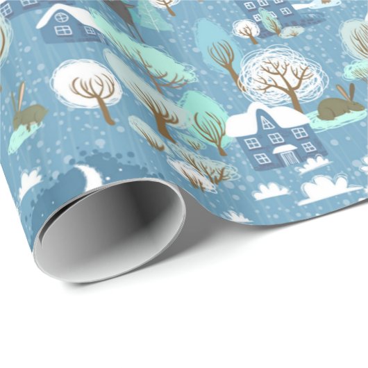 Kinderähnliche Winterlandschaft in Blues Wrapping  Geschenkpapier (Rolleneckpunkt)