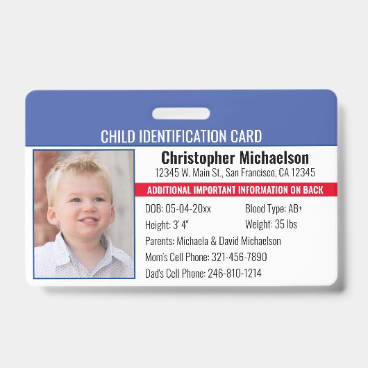 Kinderallergie-Foto-Identifikations-Notfall-ID Ausweis (Vorderseite)