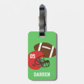 Kinderamerikanischer Fußball und roter Sturzhelm Gepäckanhänger (Rückseite vertikal)