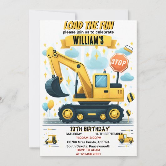 Kinderanfänger Einfache Bauwagen 5. Geburtstag Einladung (Vorderseite)