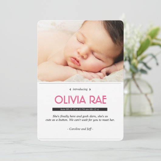 Kinderankündigung in Schwarz, Weiß und Rosa Ankündigung (Stehend Vorderseite)