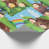 Kinderbaumhaus mit Regenbogen und glücklichen Kind Geschenkpapier (Ecke)