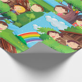 Kinderbaumhaus mit Regenbogen und glücklichen Kind Geschenkpapier