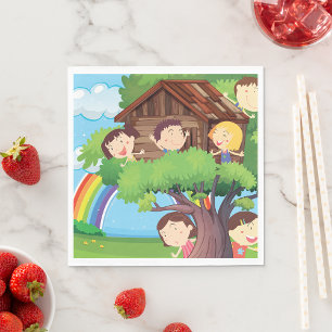 Kinderbaumhaus mit Regenbogen und glücklichen Kind Serviette