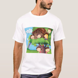 Kinderbaumhaus mit Regenbogen und glücklichen Kind T-Shirt
