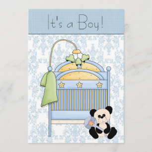 Kinderbett Teddybär Blau Damast Baby Shower Einladung
