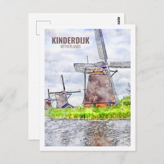 Kinderdijk Netherlands Travel Watercolor Sketch Postkarte (Vorne/Hinten)