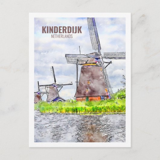 Kinderdijk Netherlands Travel Watercolor Sketch Postkarte (Vorderseite)