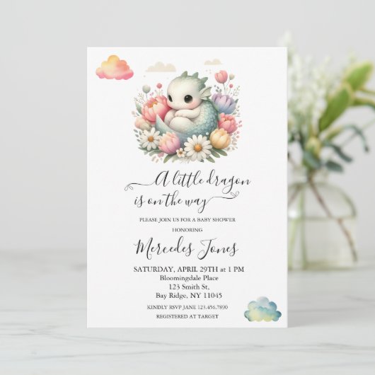 Kinderdrache mit Blume Rainbow Art Einladung (Stehend Vorderseite)