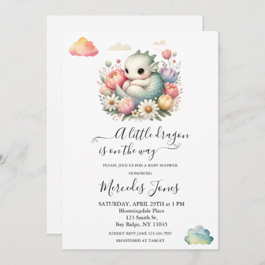 Kinderdrache mit Blume Rainbow Art Einladung (Vorne/Hinten)