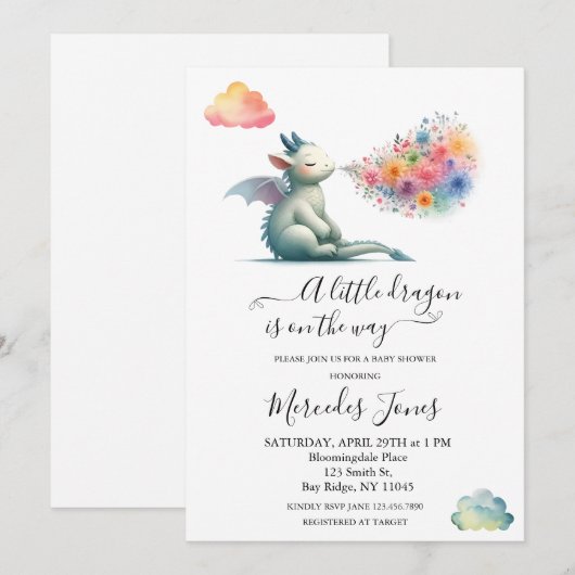 Kinderdrache mit Blume Rainbow Art Einladung (Vorne/Hinten)