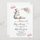 Kinderdrache mit Regenbogen-Blume in Aquarellfarbe Einladung (Vorne/Hinten)