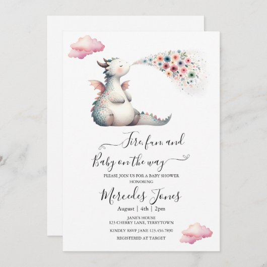 Kinderdrache mit Regenbogen-Blume in Aquarellfarbe Einladung (Vorne/Hinten)