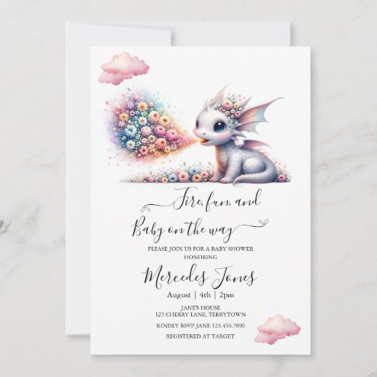 Kinderdrache mit Regenbogen-Blume in Aquarellfarbe Einladung (Vorderseite)