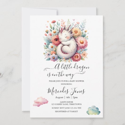 Kinderdrache mit Regenbogen-Blume Schlafen Kunst Einladung (Vorderseite)