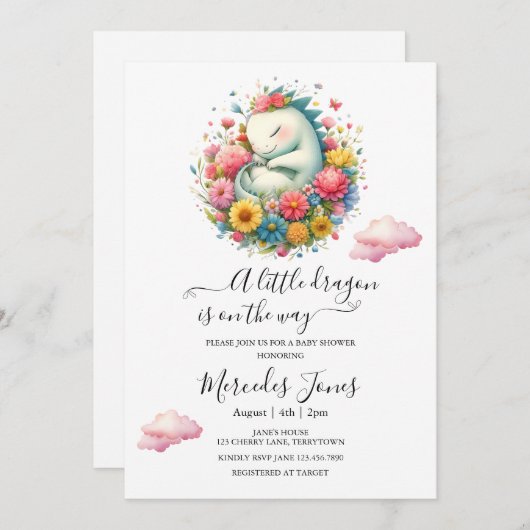 Kinderdrache mit Regenbogen-Blume Schlafen Kunst Einladung (Vorne/Hinten)