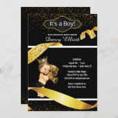 Kinderdusche| Black Imitats Gold Glitzer Einladung (Vorne/Hinten)