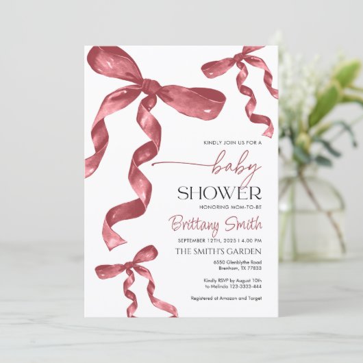 Kinderdusche Burgundy Bow Einladung (Stehend Vorderseite)
