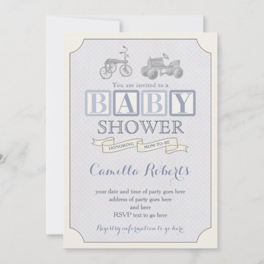 Kinderdusche einladen, Vintages Tretauto Einladung (Vorderseite)