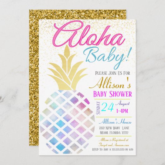 Kinderdusche Einladung, Aloha Baby Einladung (Vorne/Hinten)
