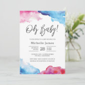 Kinderdusche Einladung| Blaue und rosa Wasserfarbe Einladung (Stehend Vorderseite)