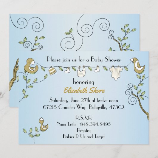 Kinderdusche Einladung "Goldene Vögel" (Vorne/Hinten)