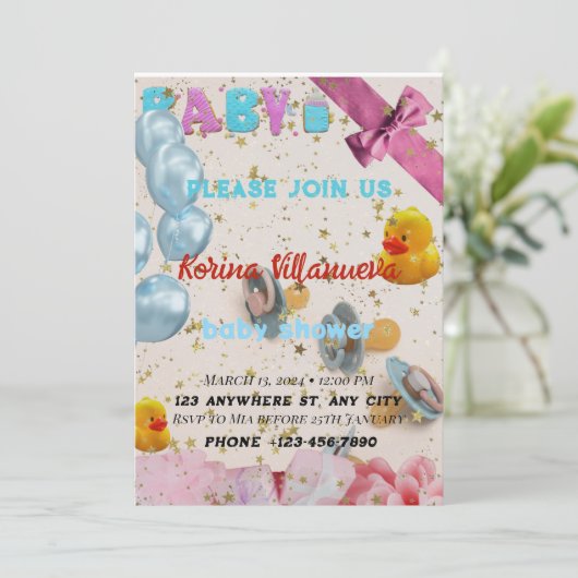 Kinderdusche Einladung in hellen Farben (Stehend Vorderseite)