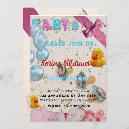 Kinderdusche Einladung in hellen Farben (Vorne/Hinten)