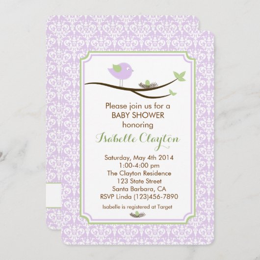 Kinderdusche Einladung in Lavendel und Green (Vorne/Hinten)