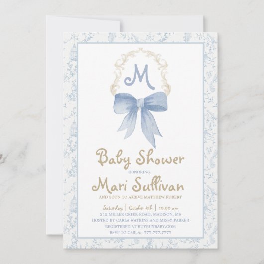 Kinderdusche Einladung mit Blue Damask (Vorderseite)