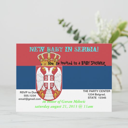 Kinderdusche Einladung mit der Flagge Serbiens (Stehend Vorderseite)