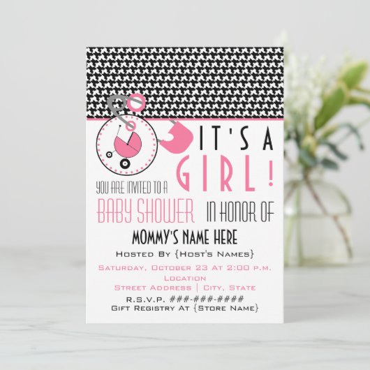 Kinderdusche Einladung - Rosa Button & Hahnentritt (Stehend Vorderseite)