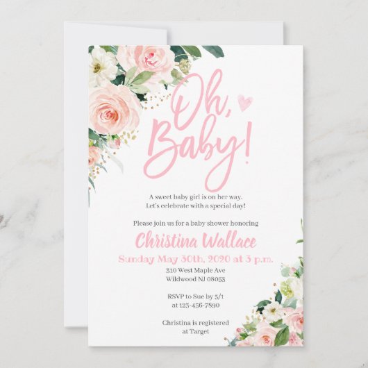 Kinderdusche Einladungen für ein Girl Pink und Gol (Vorderseite)