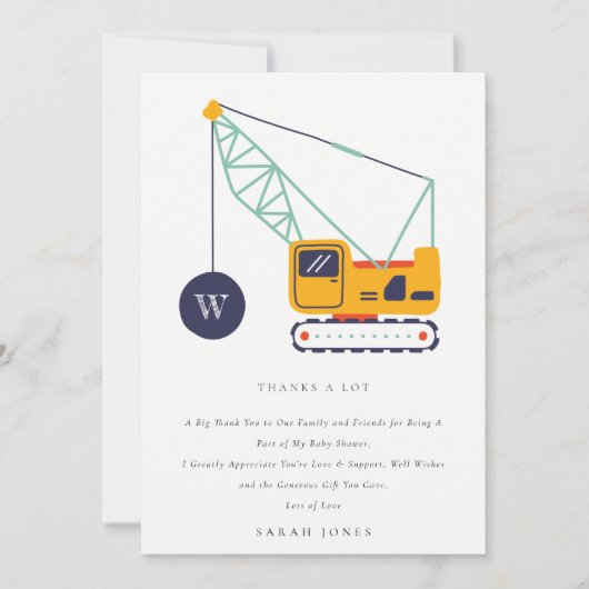 Kinderdusche für niedliche Baukrane Dankeskarte (Vorderseite)